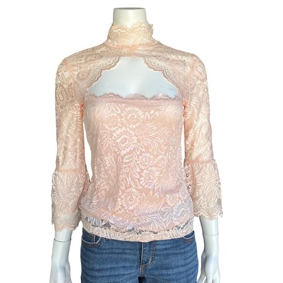 VENUS Blush Lace High Neck Bell Sleeve Sheer Top Small - Picture 9 of 9